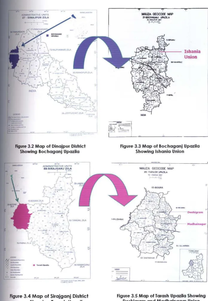 Figure 3.5  Map  of Tarash Upazlla  Showing  Deshigram  and Madhainagar  Union Figure 3.4 Map of Slrajganj  District 