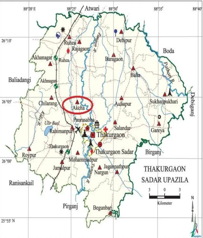 Figure 3.2: A map of Thakurgaon Sadar Upazilla showing the study area 