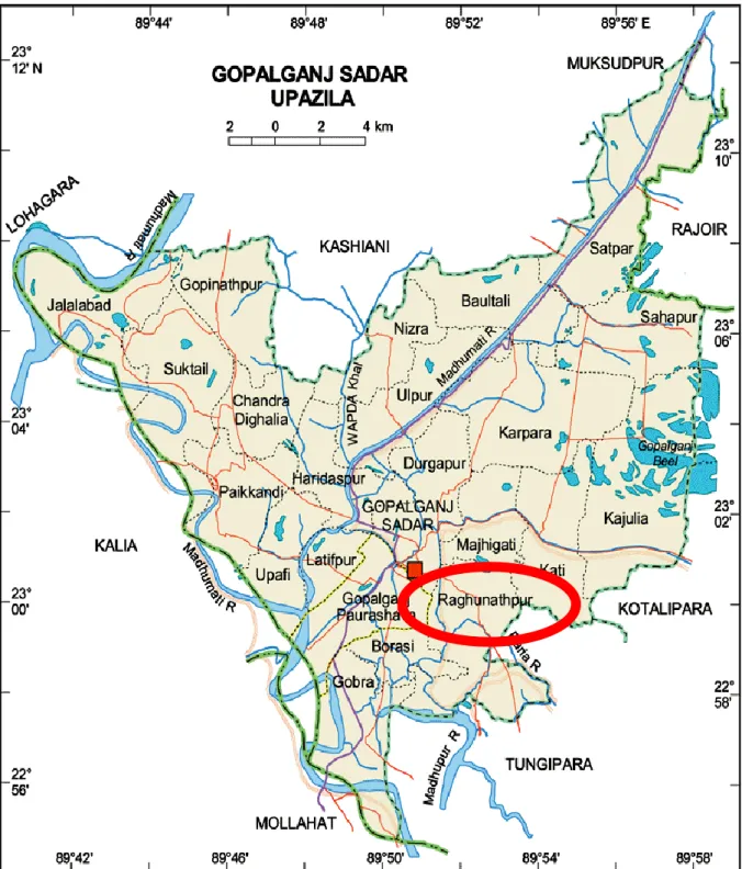 Figure 3.1: A map of Gopalganj sadar upazila showing the study area 