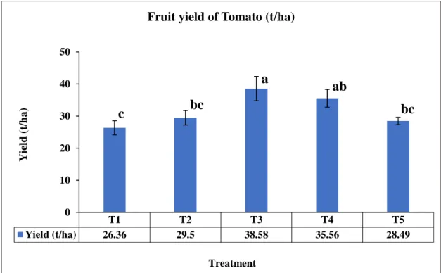 Figure 7: Effect of chitosan raw material powder on fruit yield (t/ha) of tomato. 