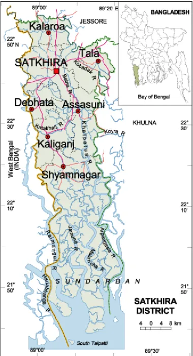 Figure 3.1 A Map of Satkhira District Showing the Study Area 