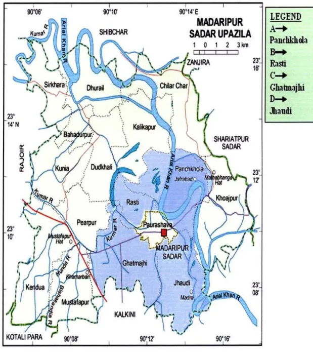 Fig. 3.2 Map  ofMadaripur  sadar  apazila showing study area  (Union) 
