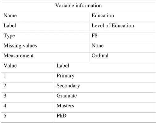 Table 3.7.4: Respondent’s profession coding by SPSS  Variable information 