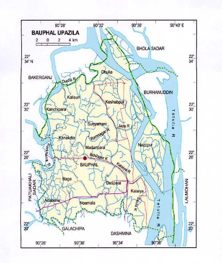 Figure 3.2 A map of Bauphal upazila showing Surjyamani Union 