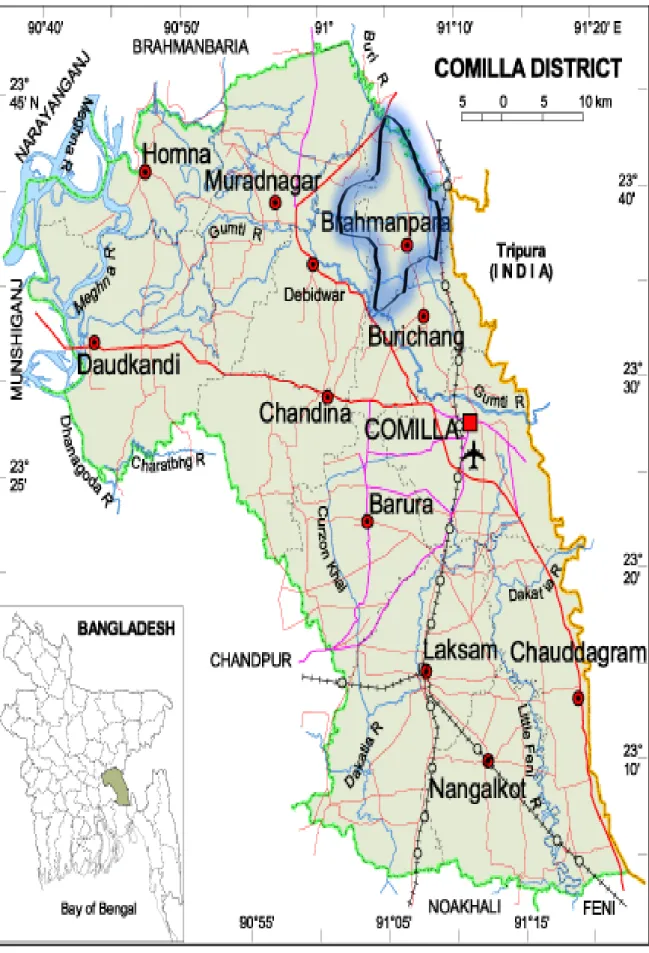 Figure 3.1 A Map of Cumilla district showing Brahmanpara upazila 