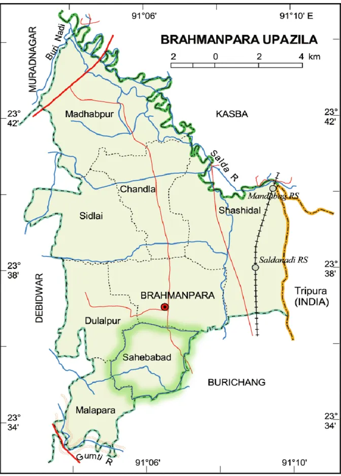 Figure 3.2 A Map of Brahmanpara upazila showing the study area 