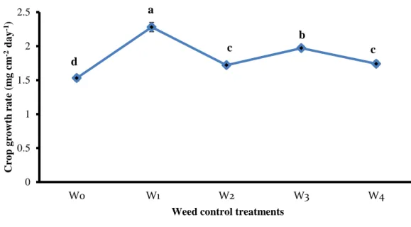 Figure 19. Effect of weed control treatments on the crop growth rate of T. aman  rice