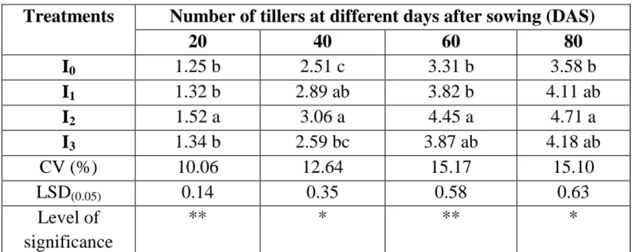 Table 6. Effect of irrigation on number of tillers hill -1  at different days after sowing 