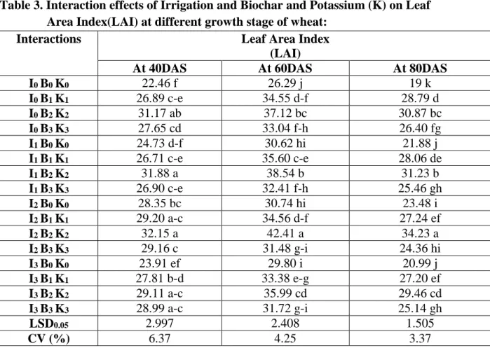 Table 3. Interaction effects of Irrigation and Biochar and Potassium (K) on Leaf  Area Index(LAI) at different growth stage of wheat: 