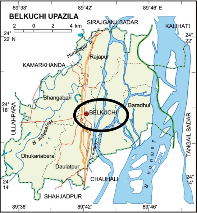 Figure 3.2 Map of Belkuchi upazila showing the study area 