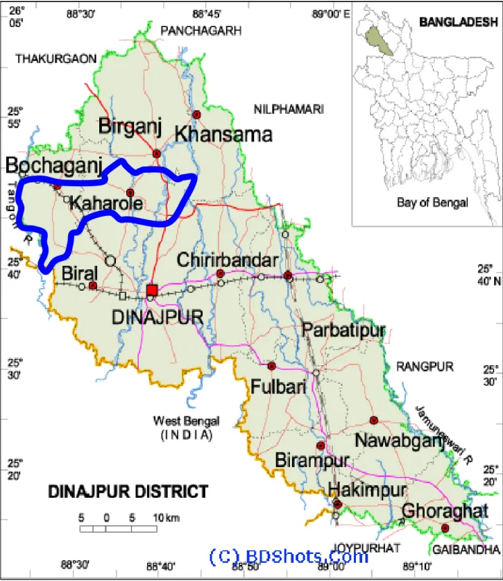 Figure 3.1 Map of Dinajpur district showing Kaharole upazila 