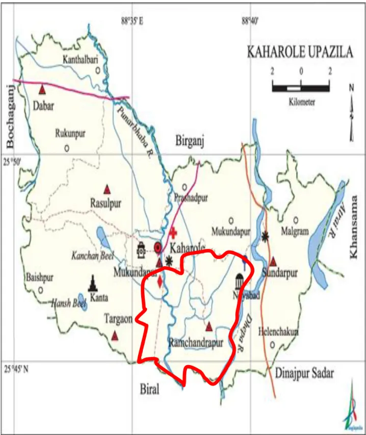 Figure 3.2 Map of Kaharole upazila showing the study area 