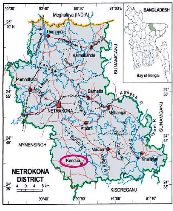 Fig. 3.1 A map of' Netrokona district showing Kcndua upazila 