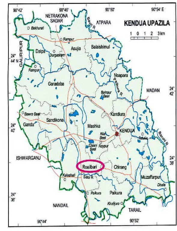 Fig. 3.2 A map of Kcndua upazila showing the study union 