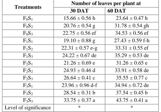 Table  6:  Combined  effect  of  fertilizer  management  and  spacing  on  the  number  of  leaves  per  plant  at  different  days  after  transplanting  (DAT) of chilli 