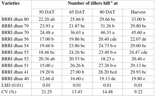 Table 2. Number of tillers hill -1  of local Boro rice varieties at different days after  transplanting  