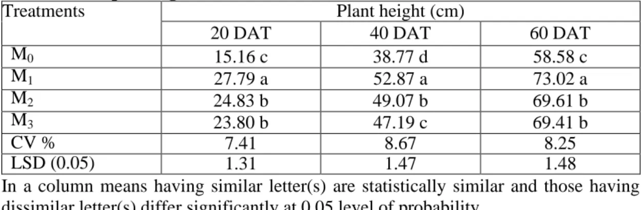 Table 2: Effect of mulching on plant height of broccoli at different days after                   transplanting 