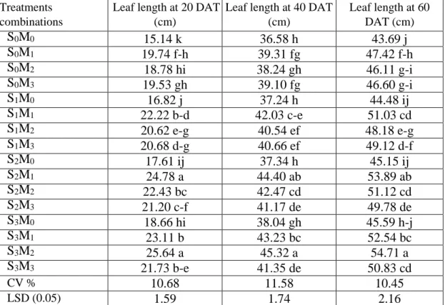 Table 7: Combined effect of starter solution and mulching on leaf length of                   broccoli at different days after transplanting 