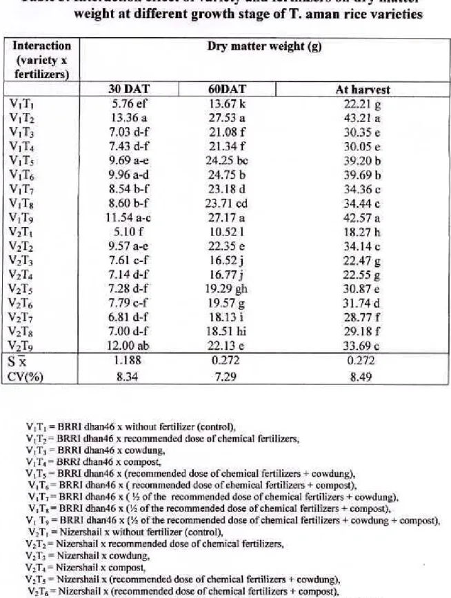 Table 3. Interaction effect of variety and fertilizers on dry mailer  weight at different growth stage of T