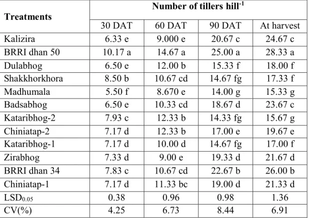 Table 2. Number of tillers hill -1  of rice at different days after transplanting as  influenced by different cultivars 