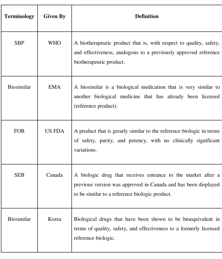 Table 1: Definitions of biosimilar according to different country’s regulatory bodies (Biosimilar  Medicines: Overview | European Medicines Agency, n.d.; Kabir et al., 2019)