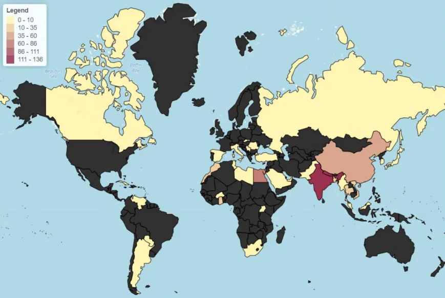 Figure 6: Heat map of Number of positive Acinetobacter by country 
