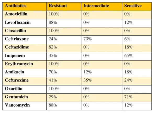 Figure 11:  Antimicrobial resistance  pattern in isolates  of Hospital adjacent communities Antibiotics Resistant Intermediate Sensitive 