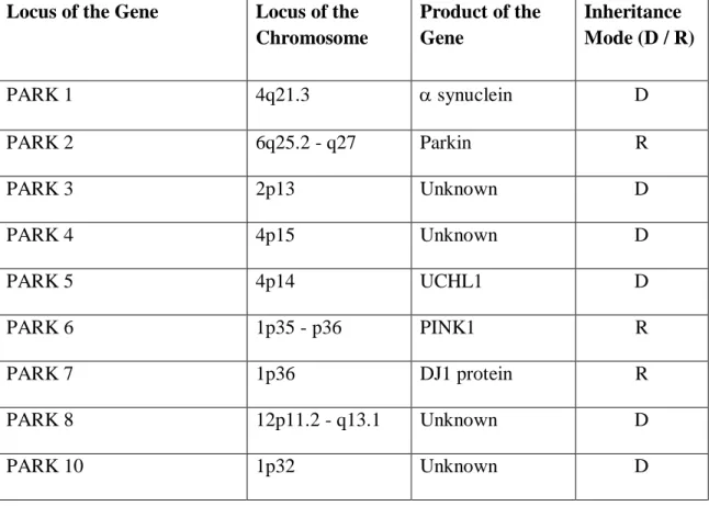 Table 1: Linked Genes in Familial form of Parkinson’s Disease   (Adapted from (Samii et al., 2004)) 