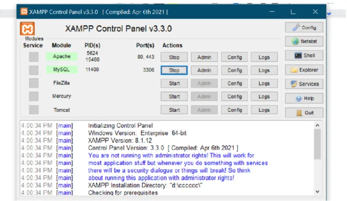 Fig 3.1: XAMPP control Panel 