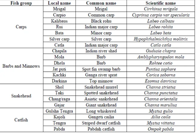 Table 01. The Species of fishes caught in different months in Kaptai Lake