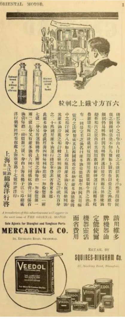 Figure 3.  Advertisement of Veedol lubricants, crediting Mencarini &amp; Co. as “sole agents for   Shanghai and Yangtsze ports.” The Oriental Motor, vol