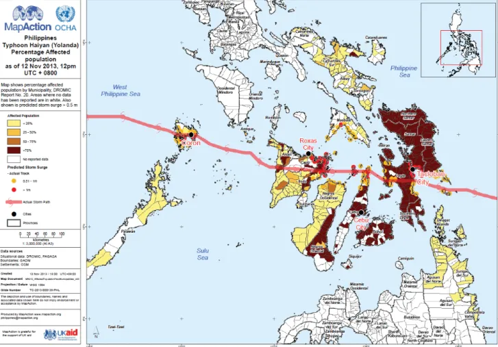 Figure 1. Pathway of Typhoon Haiyan and the percentage of affected population by municipality, the Philippines,  12 November 2013 3
