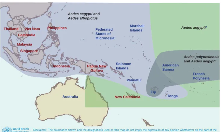 Figure 1.  Recent outbreaks of chikungunya in Oceania and the distribution of Aedes vectors