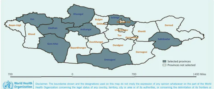 Figure 1.  Map of Mongolia by province highlighting provinces where the study was conducted