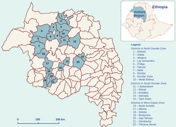 Figure 1. Map of the study districts in the Amhara Region, Ethopia