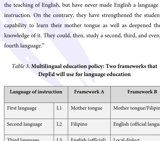 Table 3. Multilingual education policy: Two frameworks that  DepEd will use for language education 