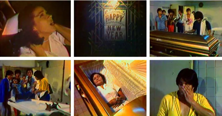 Figure 7.  Clockwise from top left: Adelina Macapinlac is strangled by an unknown  assailant; the sound of her struggle is drowned in the din of New Year’s Eve fireworks; 
