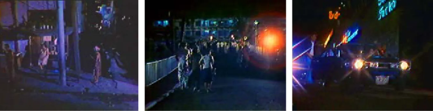 Figure 10.  Left to right: Aware that she is being followed by narcotics agents, Kano slips  into a dark alley, with her figure being highlighted at the end by a partly visible light  source; on the way to bringing Bea (with her assistant Gaying) to Manay’