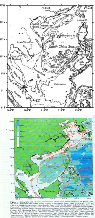 Fig. 1.   (Above) Chart of  South China Sea (Wang  et al. 2006); (Below)  Ocean currents during  winter months (Zheng et  al