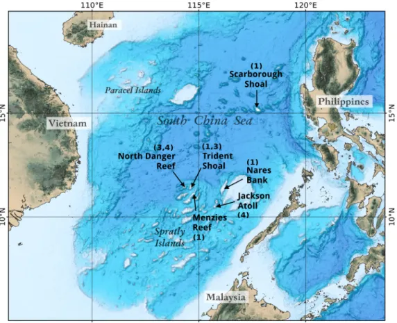 Fig. 2. Reef systems in the Spratly Archipelago explored by JOMSRE-SCS Expeditions  in 1996-2007, including Scarborough Shoal