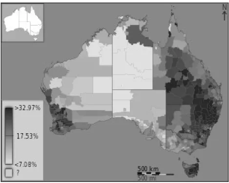 Figure 1: Choropleth map showing the fraction of Australians that identified as Anglican in 2011.