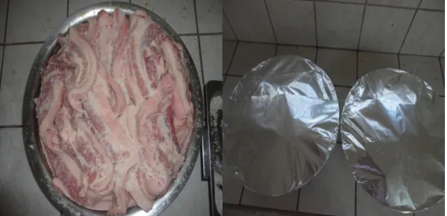 Figure 2. Pork strips dry cured (left) and placed in a stainless container for curing (right) 