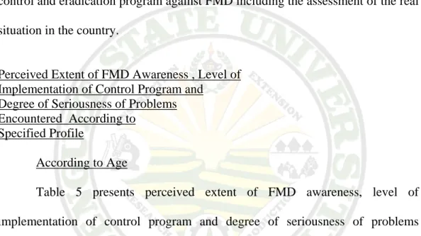 Table 5 presents perceived extent of FMD awareness, level of  implementation of control program and degree of seriousness of problems  encountered in program implementation according to age of respondents