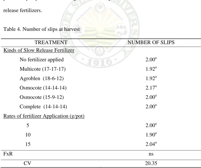 Table 4. Number of slips at harvest  