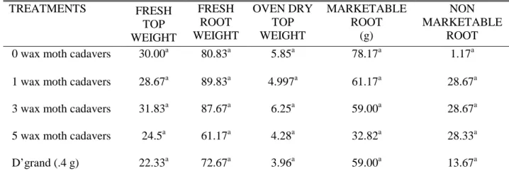 Table 3 shows the effect of entomopathogenic nematodes (EPNs) on the fresh top  weight of carrot inoculated with root knot nematode