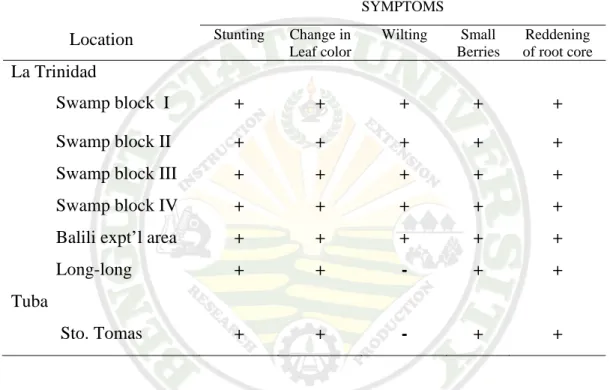 Table 1.  Field symptoms of infected strawberry plants in La Trinidad and       Sto.Tomas, Tuba, Benguet