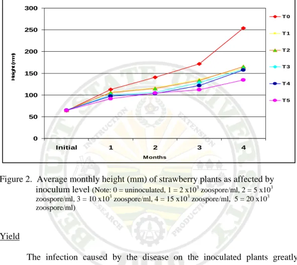 Figure 2.  Average monthly height (mm) of strawberry plants as affected by   inoculum level  (Note: 0 = uninoculated, 1 = 2 x10 3  zoospore/ml, 2 = 5 x10 3      zoospore/ml, 3 = 10 x10 3  zoospore/ml, 4 = 15 x10 3  zoospore/ml,  5 = 20 x10 3 zoospore/ml) 