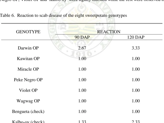Table 6 shows the leaf scab damaged of the eight sweetpotato genotypes.  It was  observed that most of the genotypes were highly resistant at 90 and 120 days after  planting except for Darwin OP that was least resistant