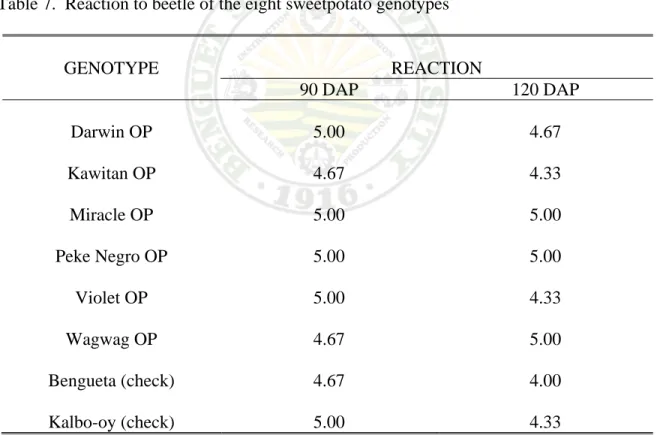Table 7.  Reaction to beetle of the eight sweetpotato genotypes 