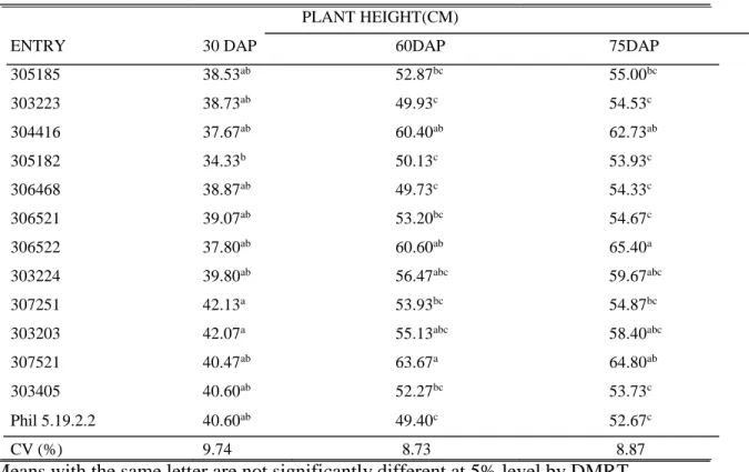 Table  5  shows  the  heights  of  the  potato  entries  at  30,  60  and  75  DAP.  At  30  DAP